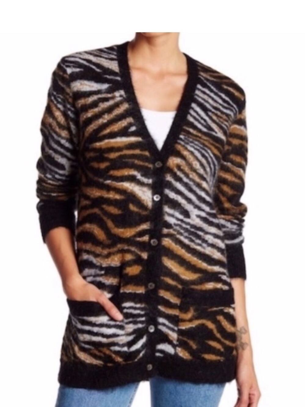 Equipment Ella Mohair Tiger-Stripe V-Neck Cardigan Sweater size small Animal